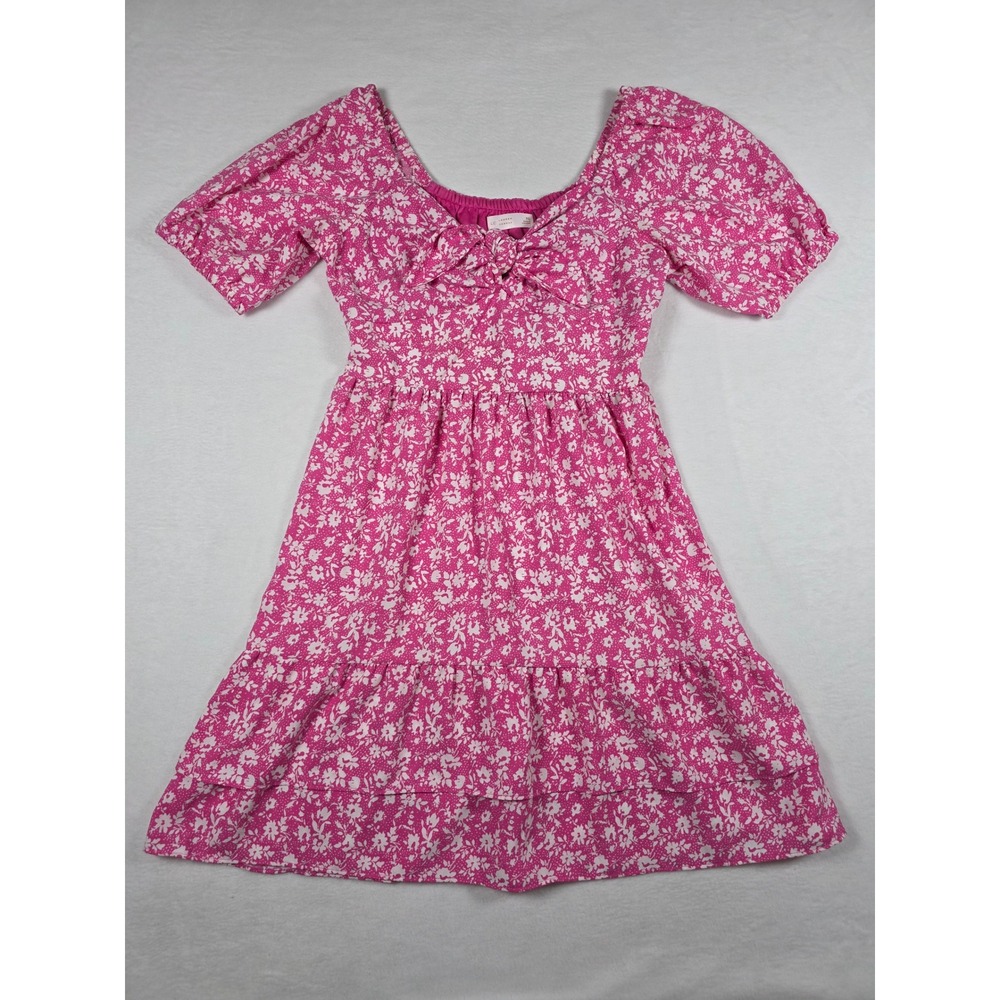 Pink Floral Mini Dress Tie Front Puff Sleeve XS Pink Cottagecore Coquette
